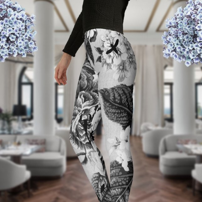 Black & White Vintage Flowers With Bugs & Bees Leggings (Creator Uploaded)