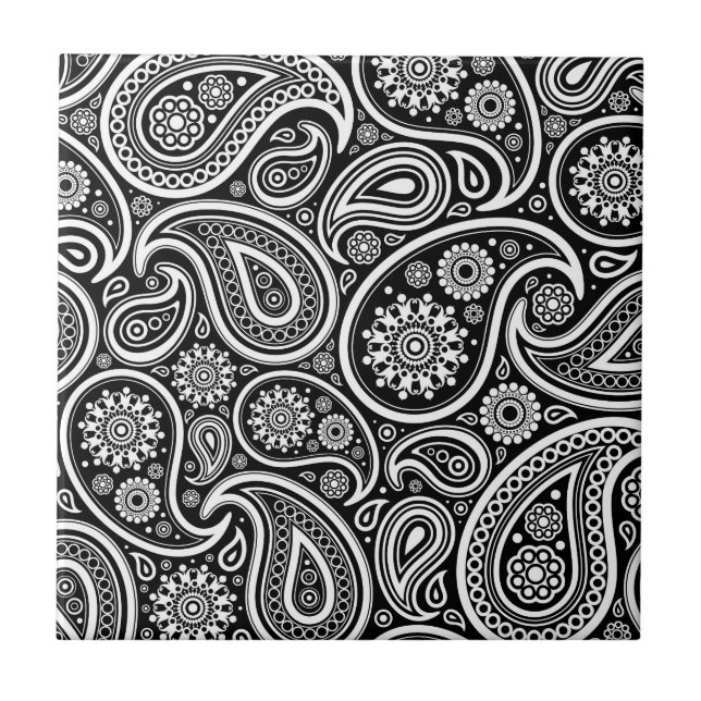Black & White Vintage Paisley Damask  Pattern Ceramic Tile (Front)