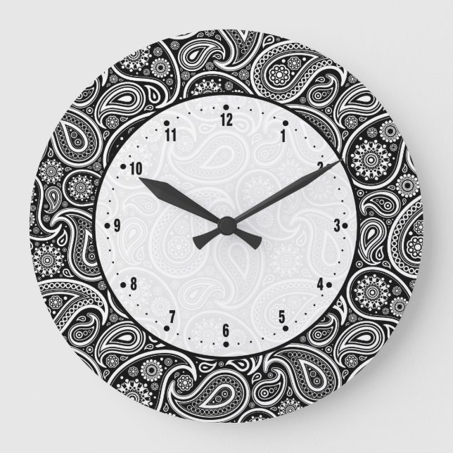 Black & White Vintage Paisley Damasks Large Clock (Front)