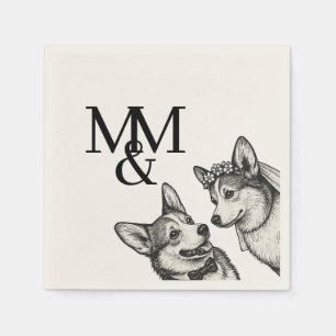 Black & White Vintage Whimsical Corgi Wedding Napkin