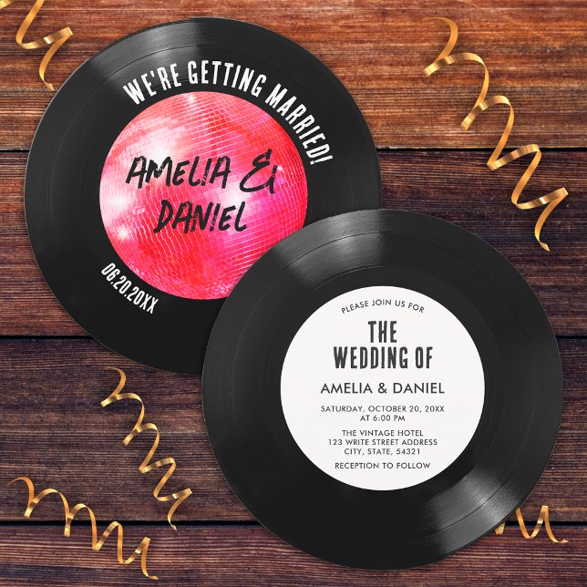Black White Vinyl Record Pink Disco Ball Wedding  Invitation (Front and Back)