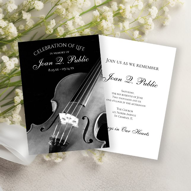 Black White Violin Musician Celebration of Life Invitation (Creator Uploaded)