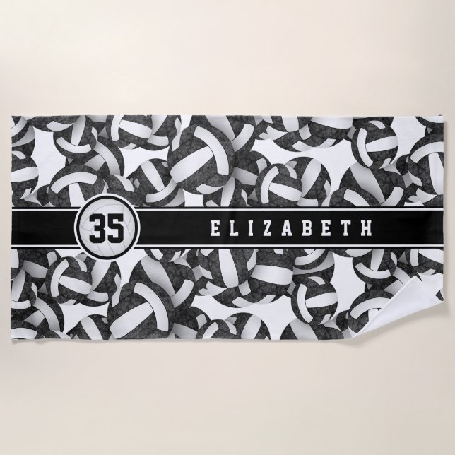 Black white volleyballs pattern her custom name  beach towel (Front)