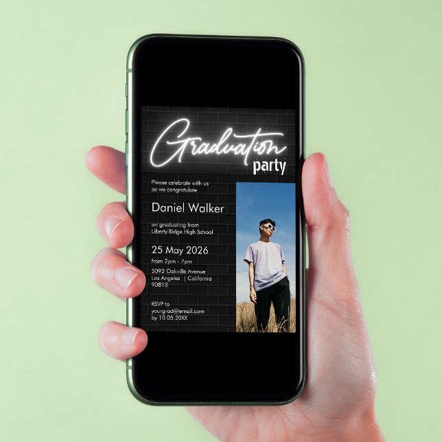 Black&white wall neon photo graduation party invitation (Creator Uploaded)