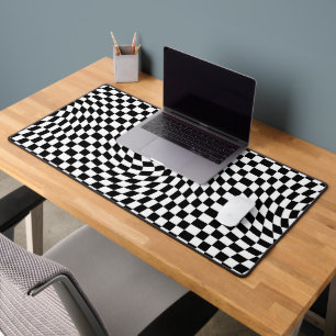 Black & White Warped Chequered Chequerboard Desk Mat