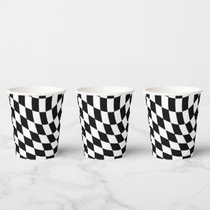 Black & White Warped Chequered Chequerboard Paper Cups