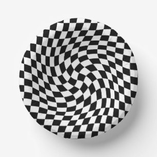 Black & White Warped Chequered Chequerboard Paper Plate