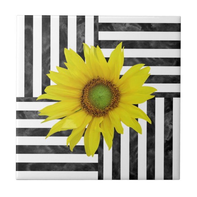 Black White Watercolor Block Stripes w/ Sunflower Ceramic Tile (Front)