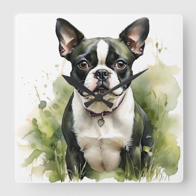 BLACK & WHITE WATERCOLOR BOSTON TERRIER DOG SQUARE WALL CLOCK (Front)
