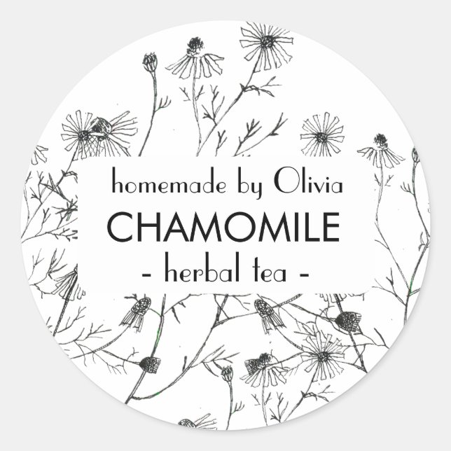 Black White Watercolor Chamomile Homemade Tea Classic Round Sticker (Front)