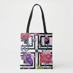 Black/White Watercolor Chequered Floral Tote Bag