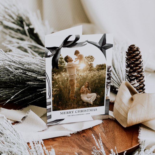 Black & White Watercolor Family Photo Holiday Card (Cozy Scandi Christmas Card with Arch Photo)