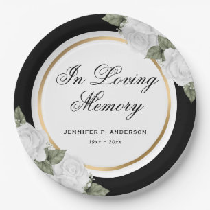 Black White Watercolor Floral Memorial Funeral Paper Plate