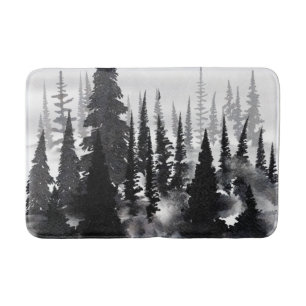 Black White Watercolor Foggy Forest   Bath Mat