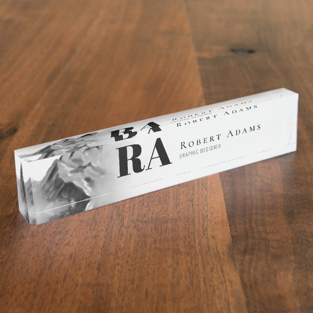 Black White Watercolor Mountains Abstract Monogram Nameplate (Side)
