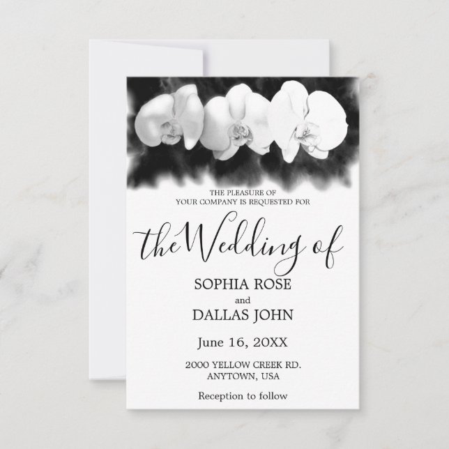 Black white watercolor orchids wedding invitation (Front)