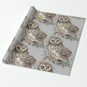Black & White Watercolor Owl Bird Nature Animal Wrapping Paper
