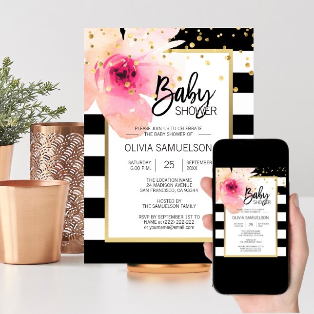 Black White Watercolor Pink Floral Baby Shower Invitation (Black White Watercolor Pink Floral Baby Shower Invitation)