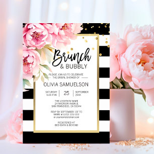 Black White Watercolor Pink Floral Brunch & Bubbly Invitation
