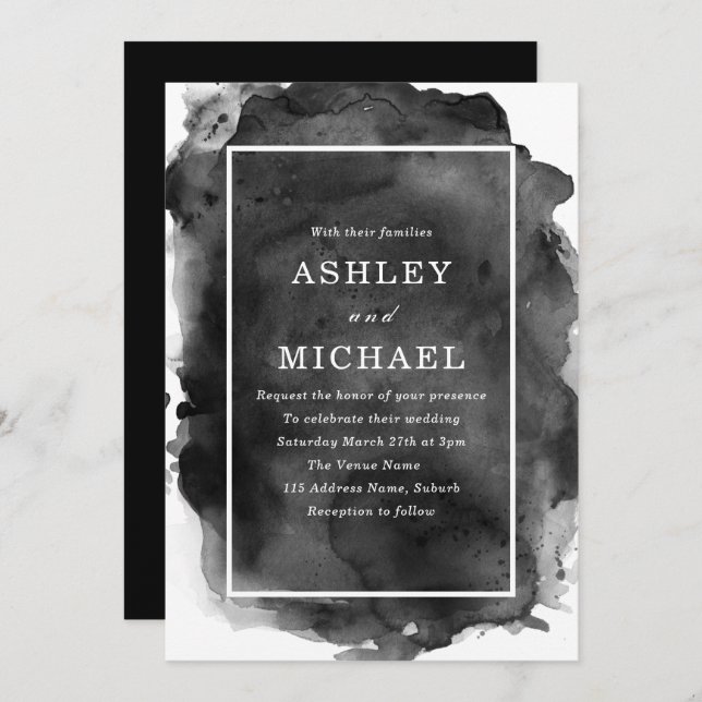 Black & White Watercolor Splash Modern Wedding Invitation (Front/Back)