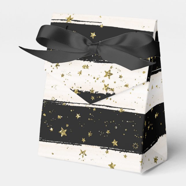 Black White Watercolor Stripes Gold Glitter Stars Favour Box (Front Side)