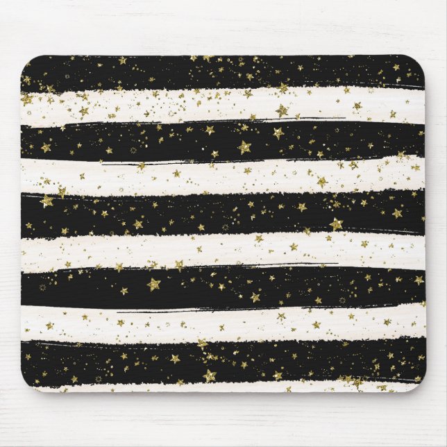 Black White Watercolor Stripes Gold Glitter Stars Mouse Pad (Front)