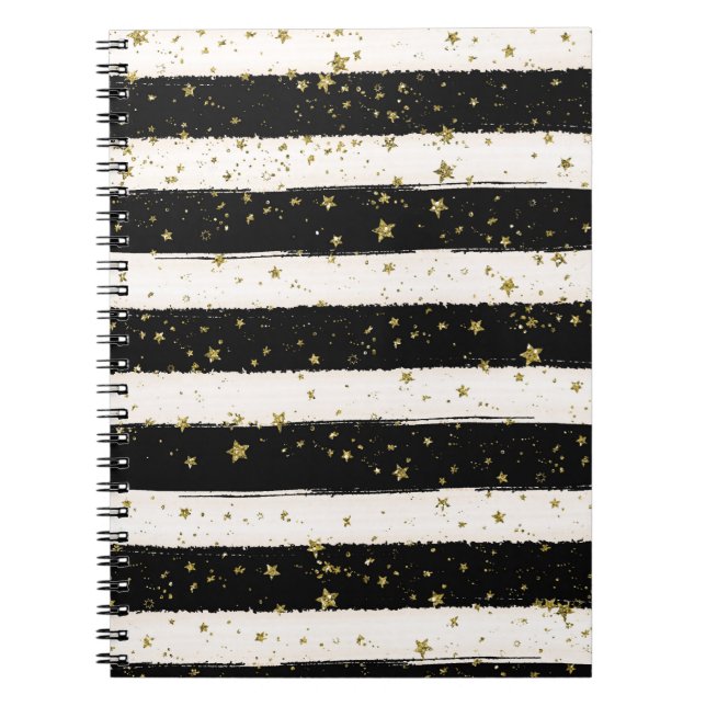 Black White Watercolor Stripes Gold Glitter Stars Notebook (Front)