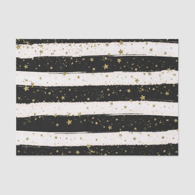 Black White Watercolor Stripes Gold Glitter Stars Tissue Paper (Front)