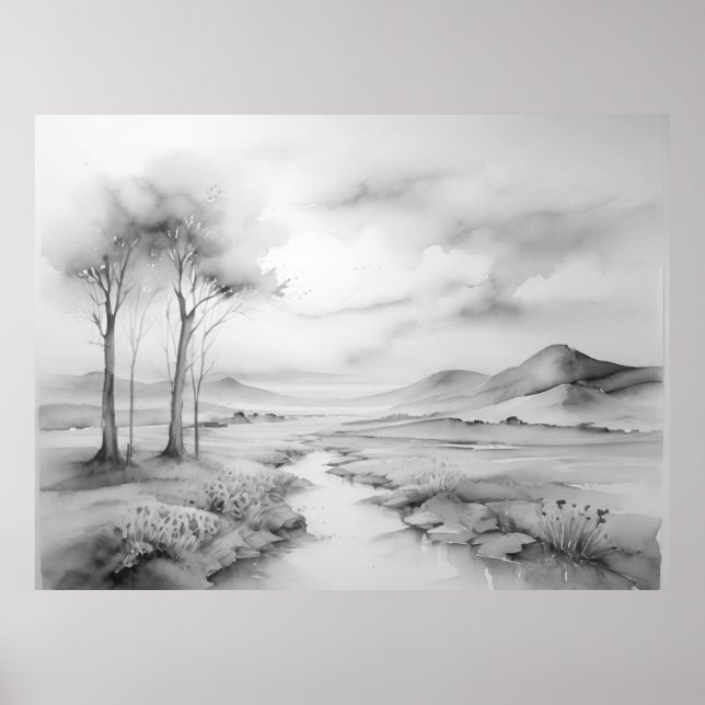 Black White Watercolour Beautiful Landscape Poster (Front)