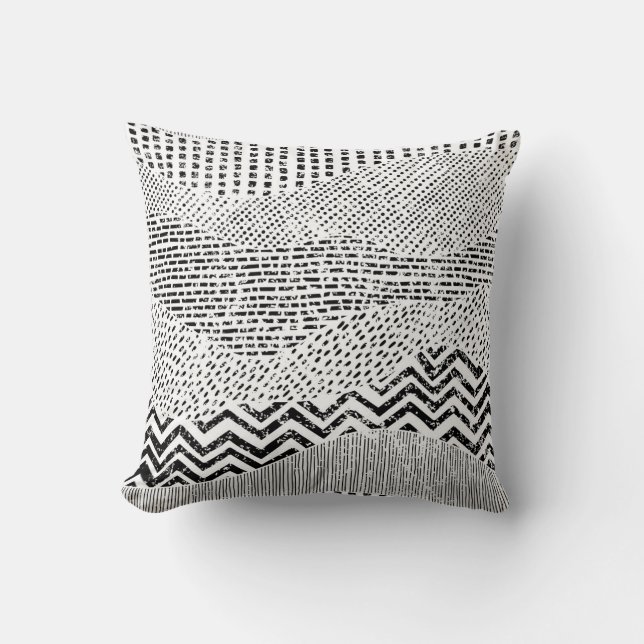 Black White Wavy Patchwork Ornament Cushion (Front)