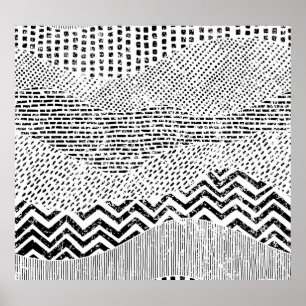 Black White Wavy Patchwork Ornament Poster