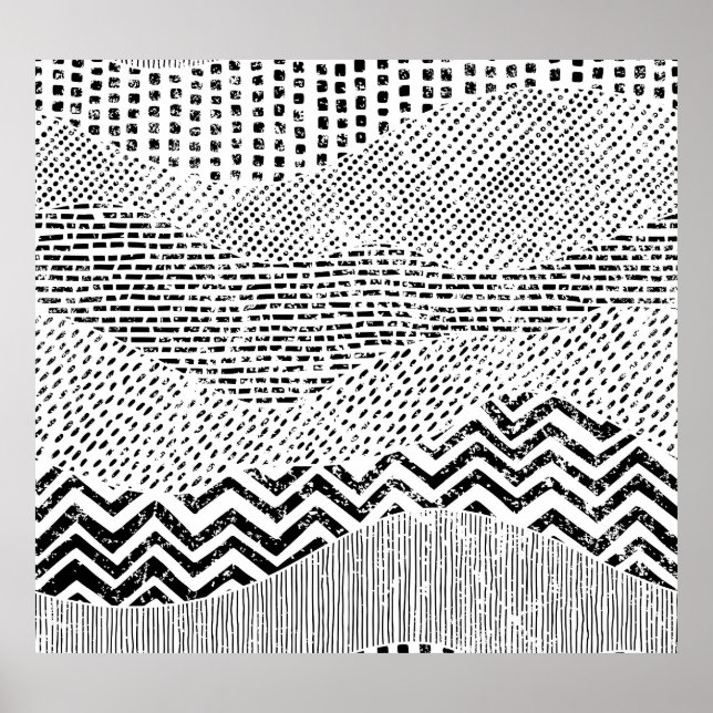 Black White Wavy Patchwork Ornament Poster (Front)