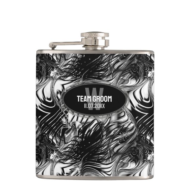 Black White Wavy Pattern Groomsmen Gift Hip Flask (Front)