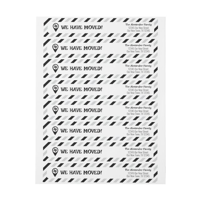 Black & White We Have Moved Striped Moving  Wrap Around Label (Sheet)