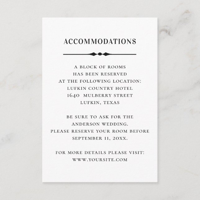 Black white wedding accommodations. Simple details Enclosure Card (Front)