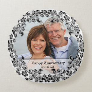Black & White Wedding Anniversary with a photo Round Cushion