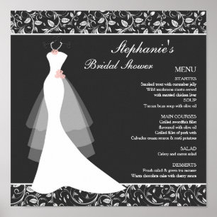 Black white wedding gown, damask Menu Poster