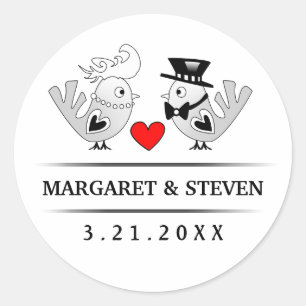 Black & White Wedding Love Birds Red Heart Classic Round Sticker