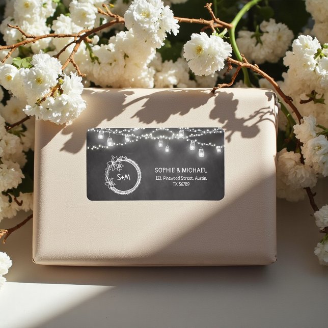 Black White Wedding Mason Jar String Lights Label (Creator Uploaded)