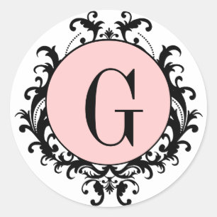 Black White Wedding Monogram G Damask Pink Label