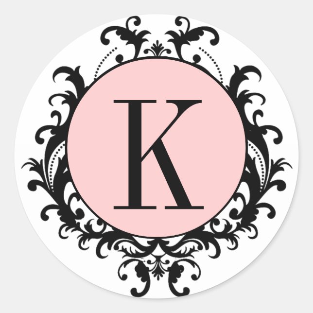 Black White Wedding Monogram K Damask Pink Label (Front)