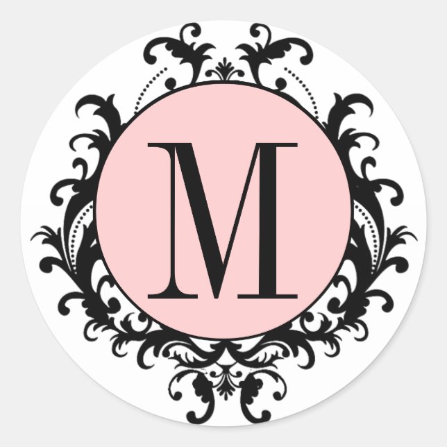 Black White Wedding Monogram M Damask Pink Label (Front)