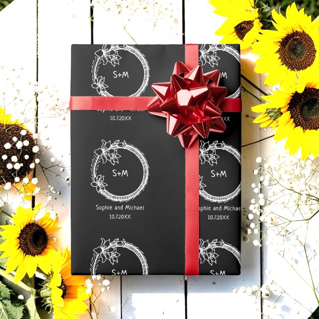 Black White Wedding Monogram  Wrapping Paper (Creator Uploaded)