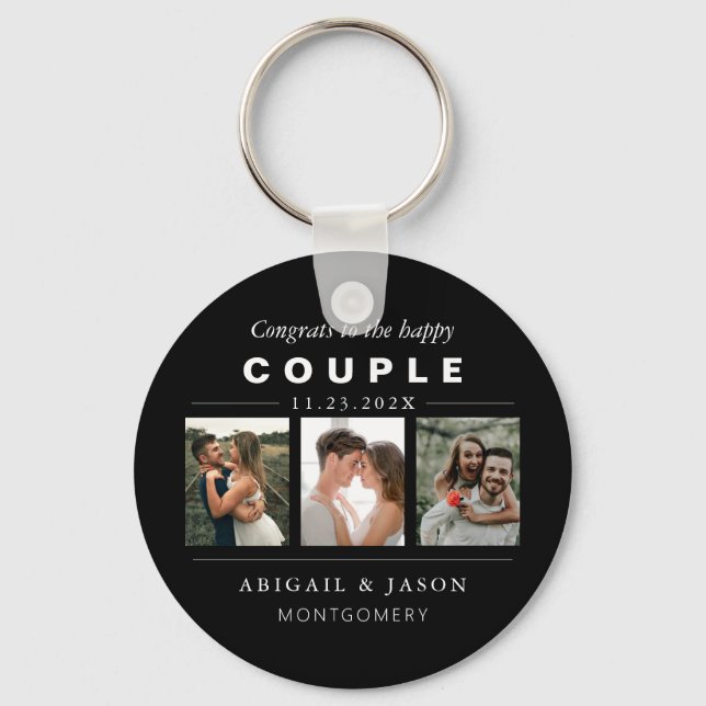 Black White Wedding Photo Collage Happy Couple Key Ring (Front)