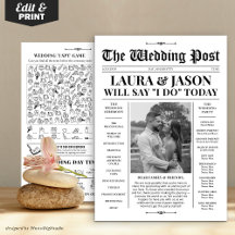 Black White Wedding Program + Timeline Newspaper