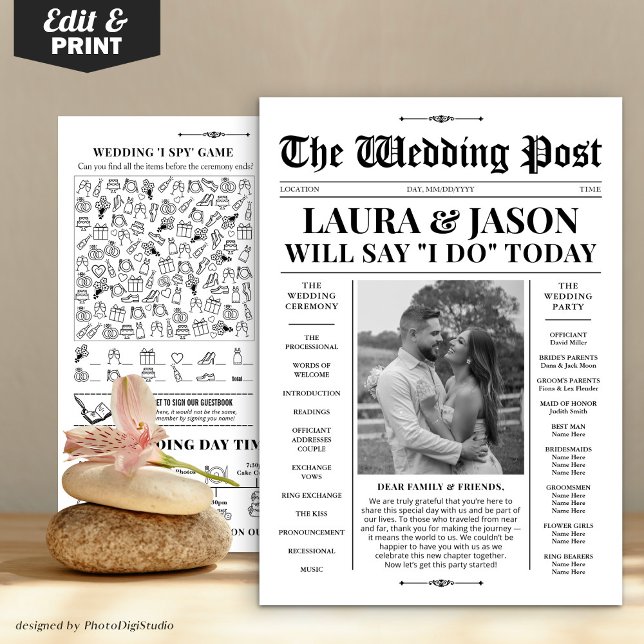 Black White Wedding Program + Timeline Newspaper (Black White Wedding Program + Timeline Newspaper)