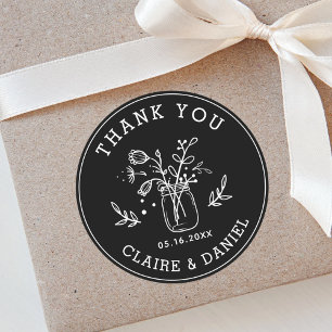 Black & White Wedding Thank You Mason Jar Flowers Classic Round Sticker