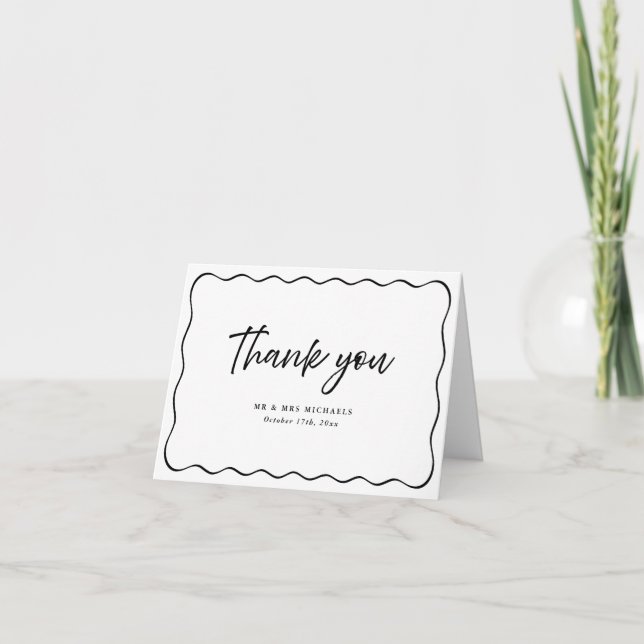 Black White Wedding Wavy Frame Handwritten Script Thank You Card (Front)