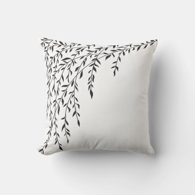 Black & White Weeping Willow Tree Branches Leaves Cushion (Front)