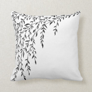 Black & White Weeping Willow Tree Branches Leaves Cushion